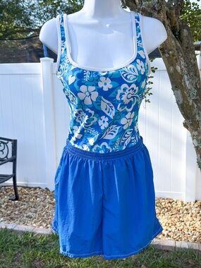 Gabar Womens Size 10 Blue Floral One Piece Swimsuit Board Shorts
